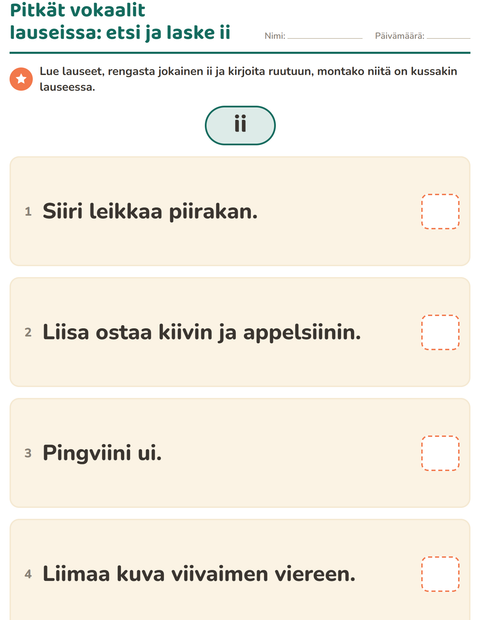Esikatselu: Pitkä vokaali-tehtäväarkki, 2. luokka