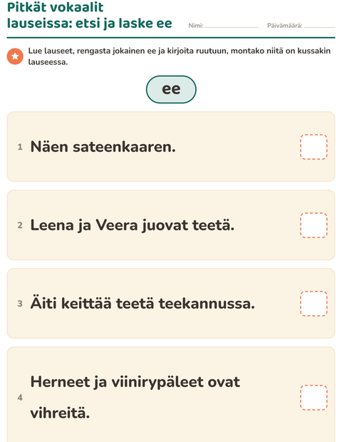 Esikatselu: Pitkä vokaali-tehtäväarkki, 2. luokka