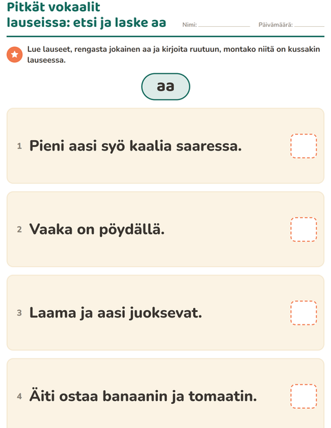 Esikatselu: Pitkät vokaalit lauseissa: etsi ja laske aa