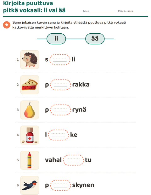 Esikatselu: Pitkä vokaali-tehtäväarkki, 1. luokka