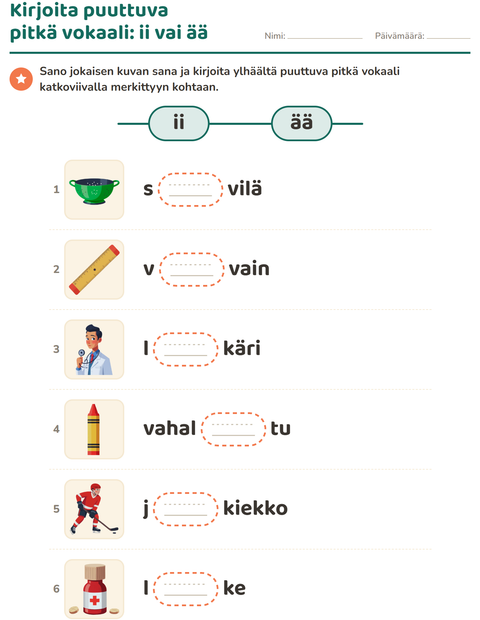 Esikatselu: Pitkä vokaali-tehtäväarkki, 1. luokka