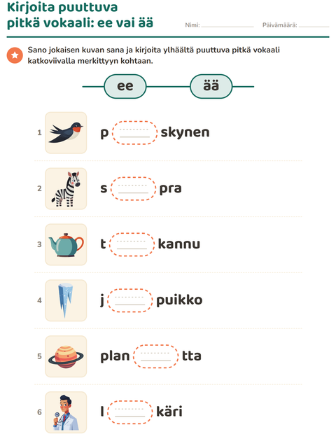 Esikatselu: Pitkä vokaali-tehtäväarkki, 1. luokka