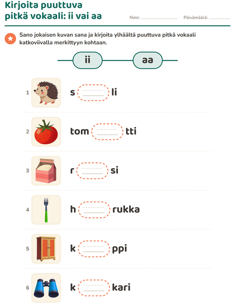 Esikatselu: Pitkä vokaali-tehtäväarkki, 1. luokka