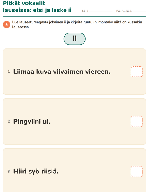 Esikatselu: Pitkä vokaali-tehtäväarkki, 2. luokka
