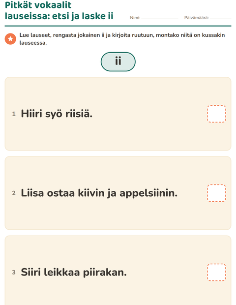 Esikatselu: Pitkä vokaali-tehtäväarkki, 2. luokka