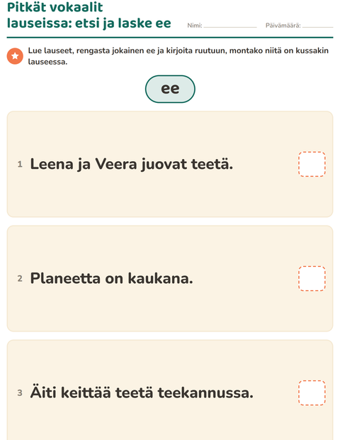 Esikatselu: Pitkä vokaali-tehtäväarkki, 2. luokka