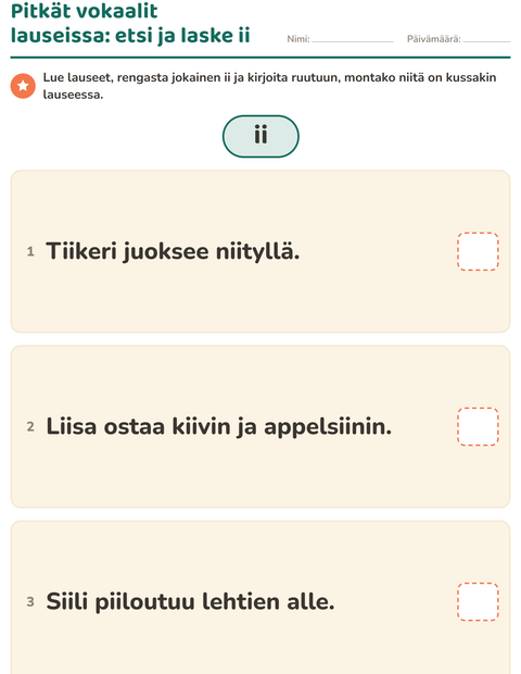 Esikatselu: Pitkä vokaali-tehtäväarkki, 2. luokka