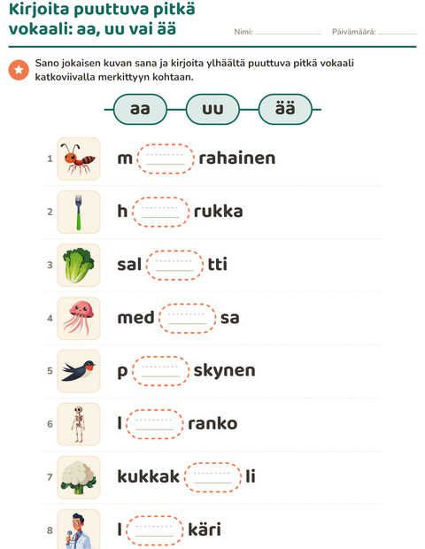 Esikatselu: Pitkä vokaali-tehtäväarkki, 1. luokka