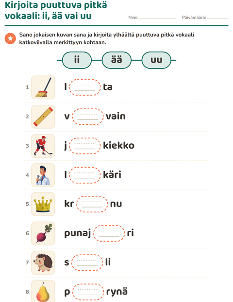 Esikatselu: Pitkä vokaali-tehtäväarkki, 1. luokka