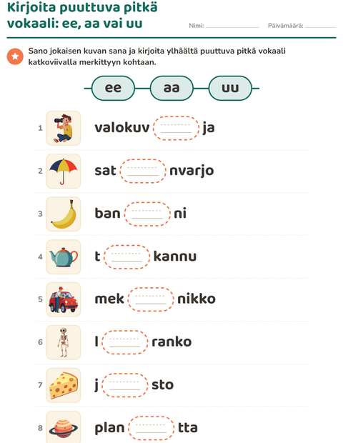 Esikatselu: Pitkä vokaali-tehtäväarkki, 1. luokka