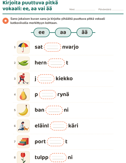 Esikatselu: Pitkä vokaali-tehtäväarkki, 1. luokka