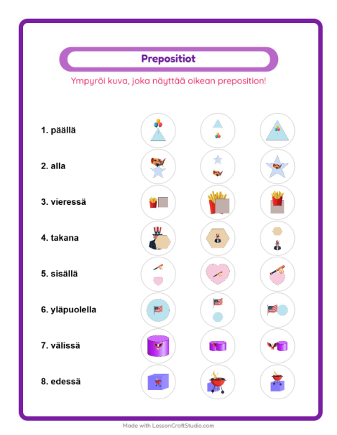 Esikatselu: Prepositiot-tehtäväarkki, aiheena Heinäkuun 4., Esiopetus