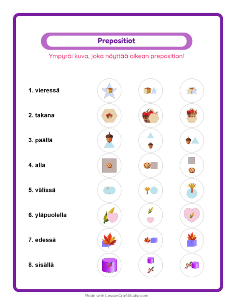 Esikatselu: Prepositiot-tehtäväarkki, aiheena Kiitospäivä, Esiopetus