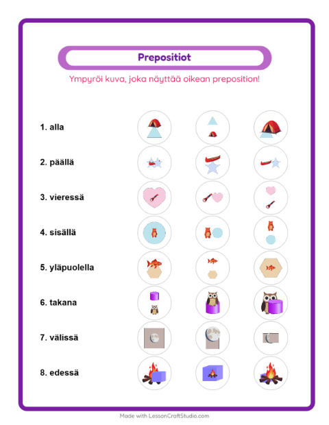 Esikatselu: Prepositiot-tehtäväarkki, aiheena Leirielämä, Esiopetus
