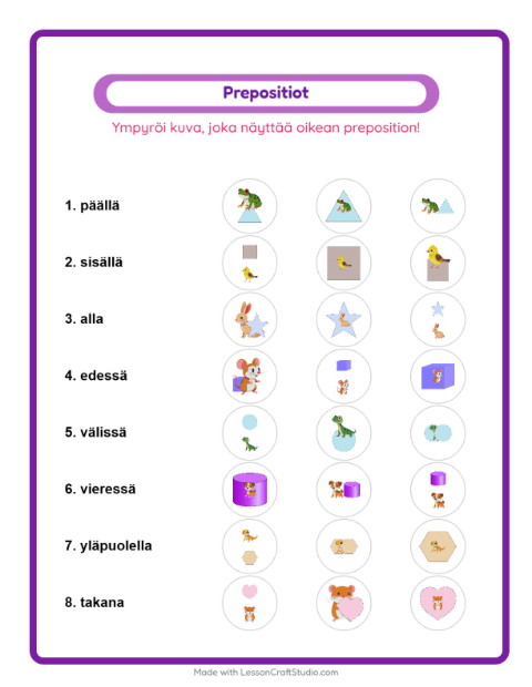 Esikatselu: Prepositiot-tehtäväarkki, aiheena Lemmikit, Esiopetus