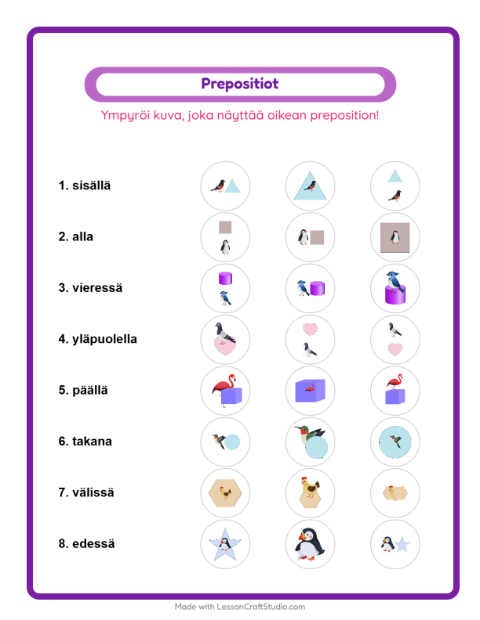 Esikatselu: Prepositiot-tehtäväarkki, aiheena Linnut 2, Esiopetus