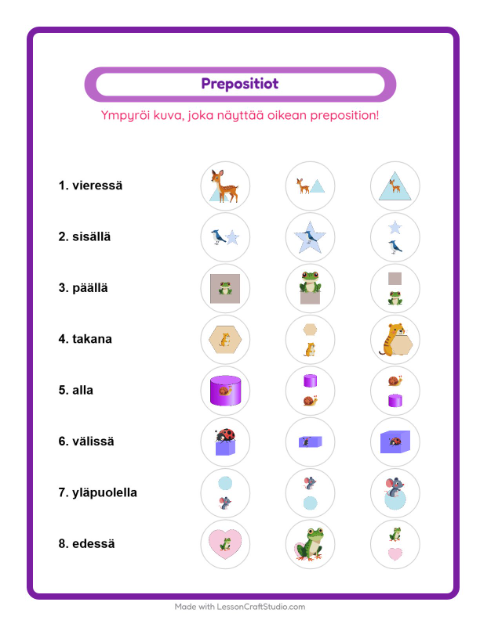 Esikatselu: Prepositiot-tehtäväarkki, aiheena Metsän eläimet, Esiopetus
