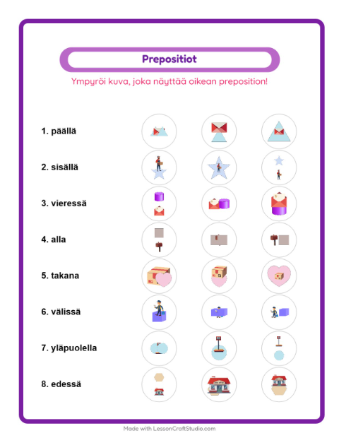 Esikatselu: Prepositiot-tehtäväarkki, aiheena Postitoimisto, Esiopetus