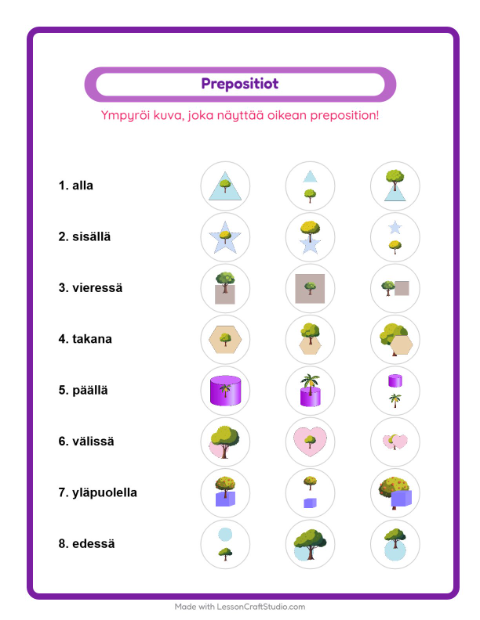 Esikatselu: Prepositiot-tehtäväarkki, aiheena Puut, Esiopetus