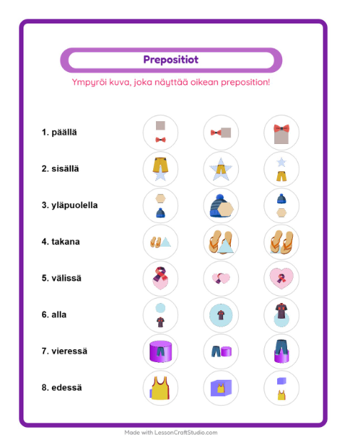 Esikatselu: Prepositiot-tehtäväarkki, aiheena Vaatteet, Esiopetus