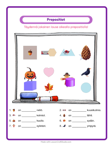 Esikatselu: Kirjoita sijaintisana: Sekalaista – 1. luokan oppilaille