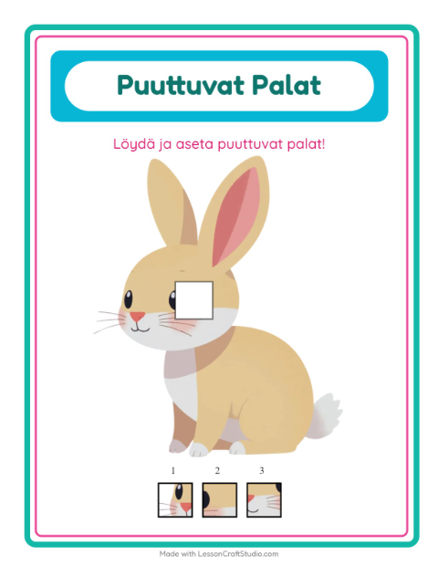 Esikatselu: Puuttuvat Palat-tehtäväarkki, aiheena Eläimet, Esiopetus