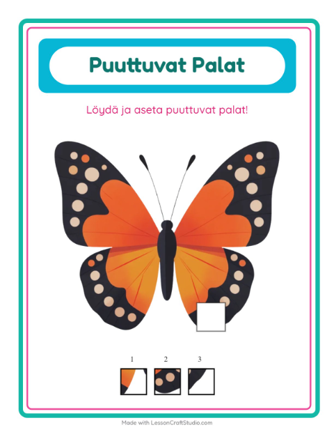 Esikatselu: Puuttuvat Palat-tehtäväarkki, aiheena Hyönteiset ja ötökät, Esiopetus