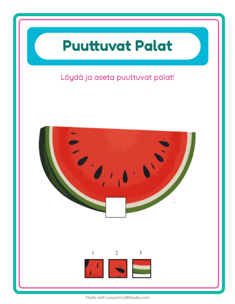 Esikatselu: Puuttuvat Palat-tehtäväarkki, aiheena Kesä, Esiopetus