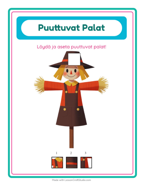Esikatselu: Puuttuvat Palat-tehtäväarkki, aiheena Kiitospäivä, Esiopetus