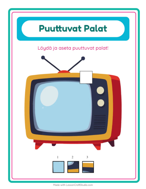 Esikatselu: Puuttuvat Palat-tehtäväarkki, aiheena Kodin ympärillä, Esiopetus
