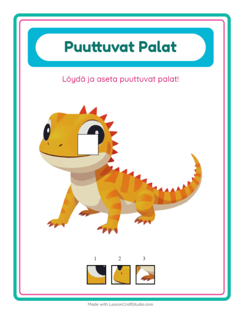 Esikatselu: Puuttuvat Palat-tehtäväarkki, aiheena Lemmikit, Esiopetus