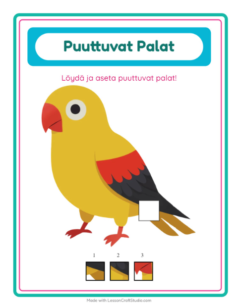 Esikatselu: Puuttuvat Palat-tehtäväarkki, aiheena Linnut, Esiopetus