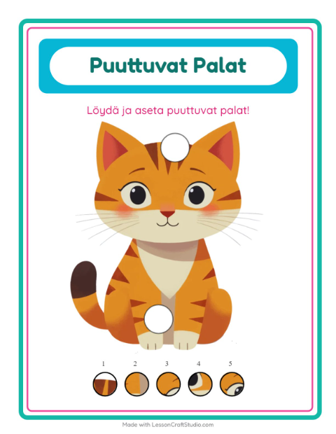 Esikatselu: Puuttuvat Palat-tehtäväarkki, aiheena Eläimet, Esiopetus