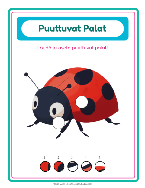 Esikatselu: Puuttuvat Palat-tehtäväarkki, aiheena Hyönteiset ja ötökät, Esiopetus