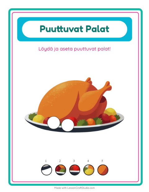 Esikatselu: Puuttuvat Palat-tehtäväarkki, aiheena Kiitospäivä, Esiopetus
