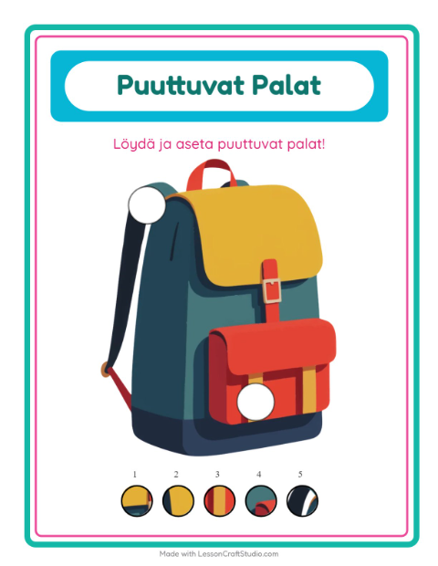 Esikatselu: Puuttuvat Palat-tehtäväarkki, aiheena Luokkahuone, Esiopetus