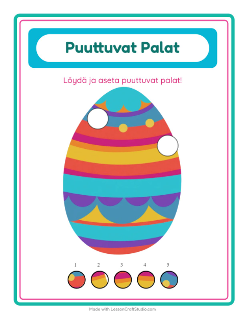 Esikatselu: Puuttuvat Palat-tehtäväarkki, aiheena Pääsiäinen, Esiopetus