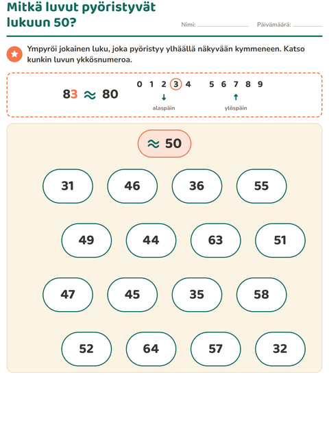 Mitkä luvut pyöristyvät lukuun 50?