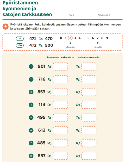 Esikatselu: Pyöristäminen-tehtäväarkki, 3. luokka