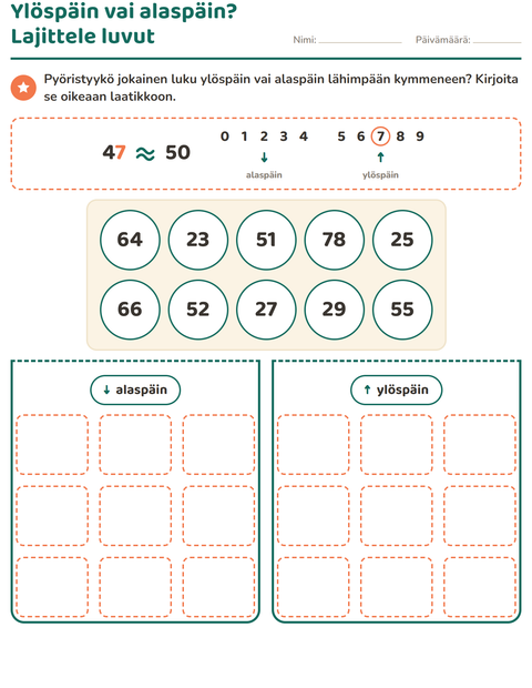 Esikatselu: Pyöristäminen-tehtäväarkki, 3. luokka