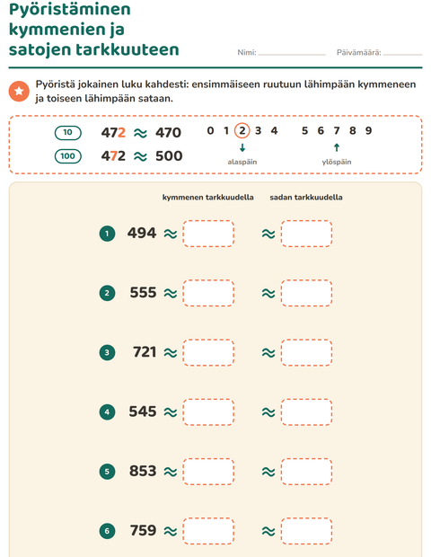 Esikatselu: Pyöristäminen-tehtäväarkki, 3. luokka