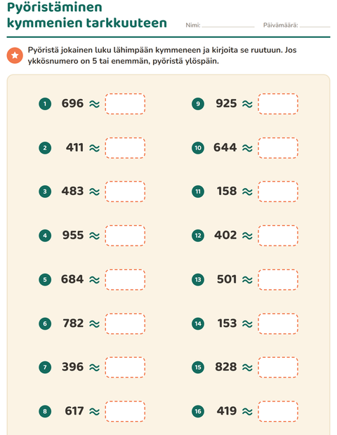 Esikatselu: Pyöristäminen-tehtäväarkki, 2. luokka