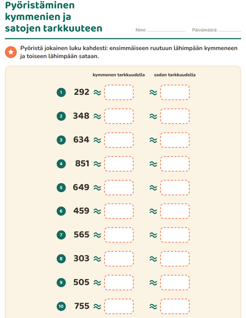 Esikatselu: Pyöristäminen-tehtäväarkki, 3. luokka