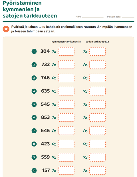 Esikatselu: Pyöristäminen-tehtäväarkki, 3. luokka