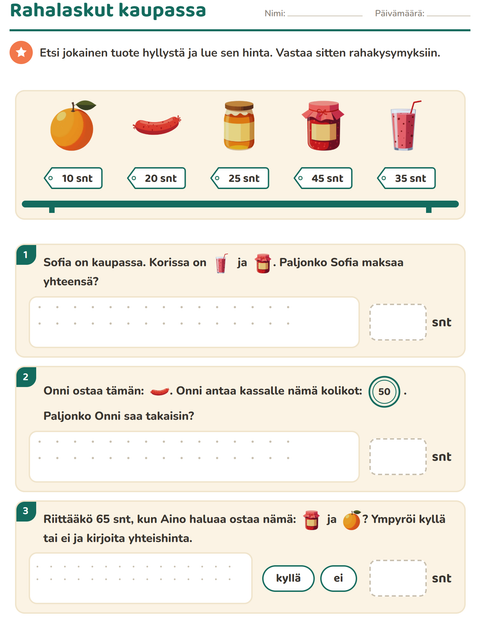Esikatselu: Rahalaskut-tehtäväarkki, aiheena Aamiainen, 2. luokka