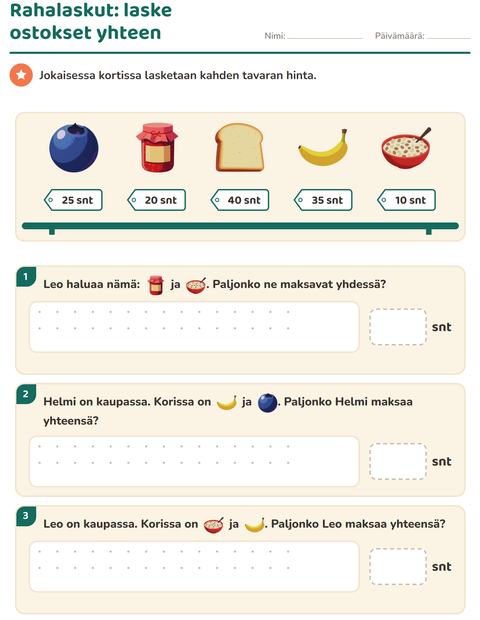 Esikatselu: Rahalaskut-tehtäväarkki, aiheena Aamiainen, 2. luokka