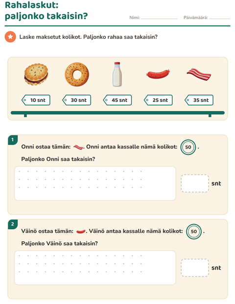 Esikatselu: Rahalaskut-tehtäväarkki, aiheena Aamiainen, 2. luokka