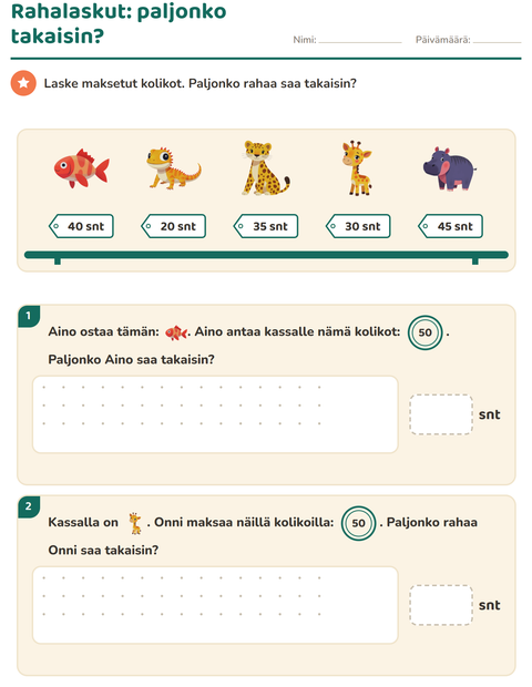 Esikatselu: Rahalaskut ja vaihtoraha: yksi kolikko, paljonko jää takaisin