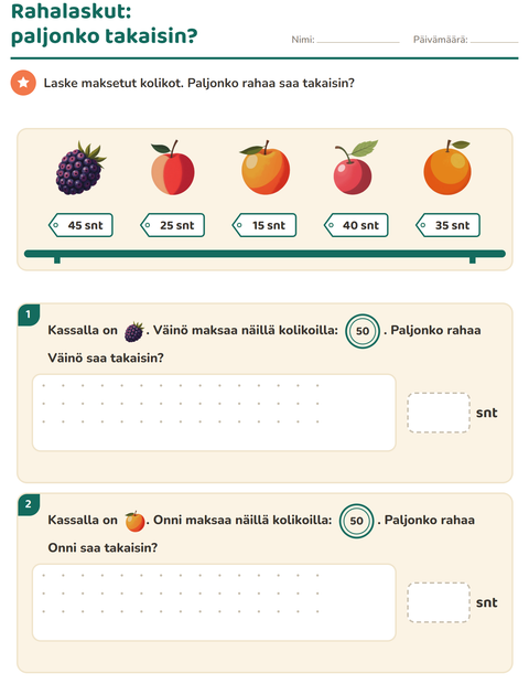 Esikatselu: Rahalaskut-tehtäväarkki, aiheena Hedelmät, 2. luokka