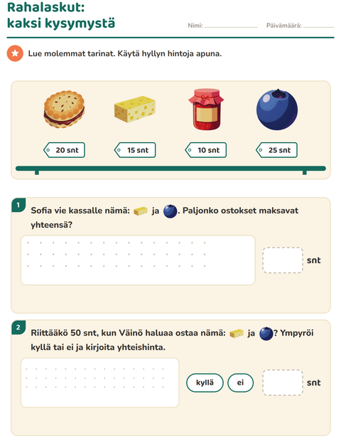 Esikatselu: Rahalaskut-tehtäväarkki, aiheena Aamiainen, 2. luokka